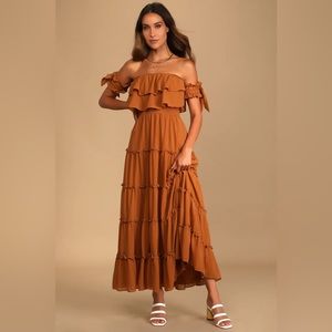 Brand New Chance For Us Off-the-Shoulder Ruffled Maxi Dress Light Brown